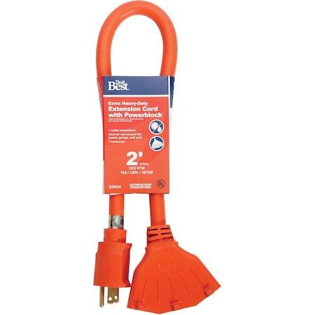 All-Source STW Extension Cord, 12 AWG, Indoor/Outdoor, 12/3, 3 Outlets, Orange, 2 ft OP-JTW123-2-OR